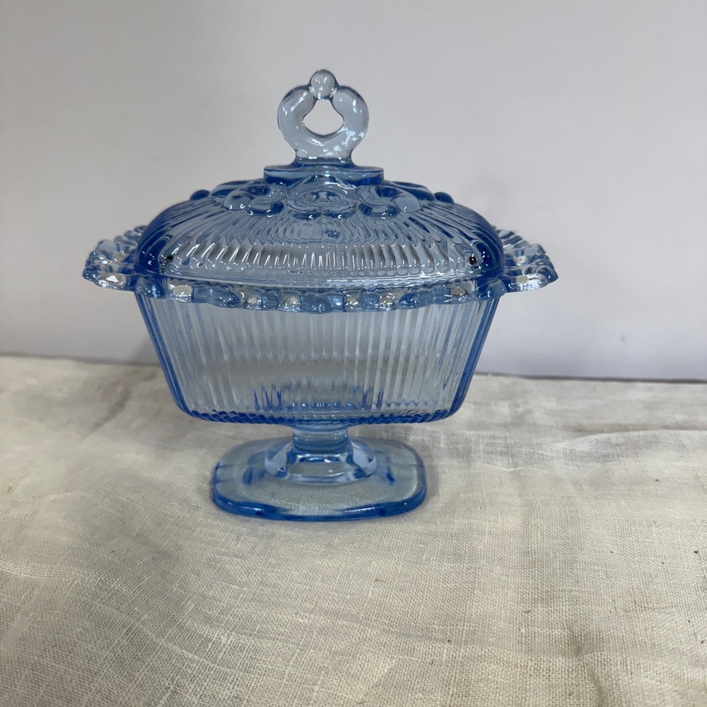 Vintage Blue Pressed Glass Footed Candy Dish with Lid Lace Edge Ribbed Design